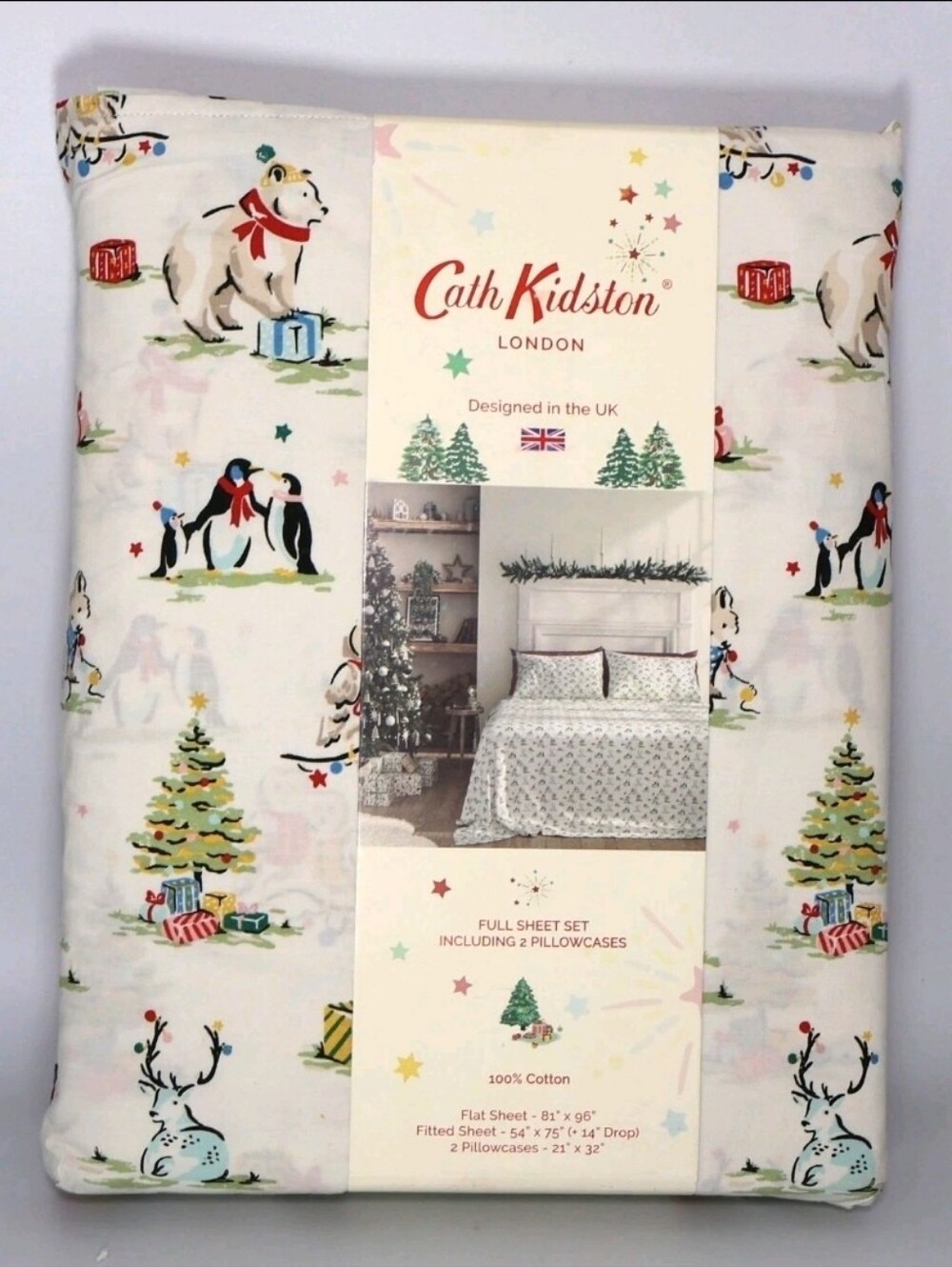Cath Kidston London Full Size Sheet Set, Christmas Animals Cream, 100% Cotton